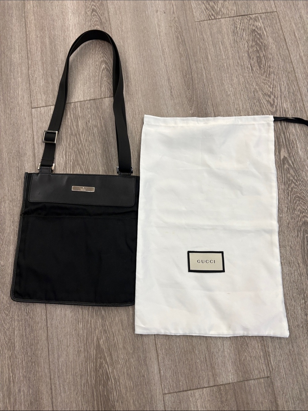 Gucci Black Nylon and Leather Crossbody Messenger Bag with Silver Plaque